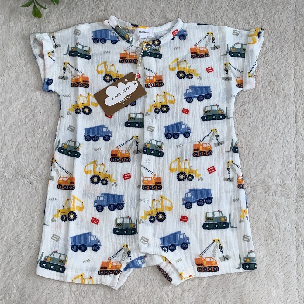 NWT Angel Dear Construction Dolman Henley Shortall Romper Organic Cotton 18-24M